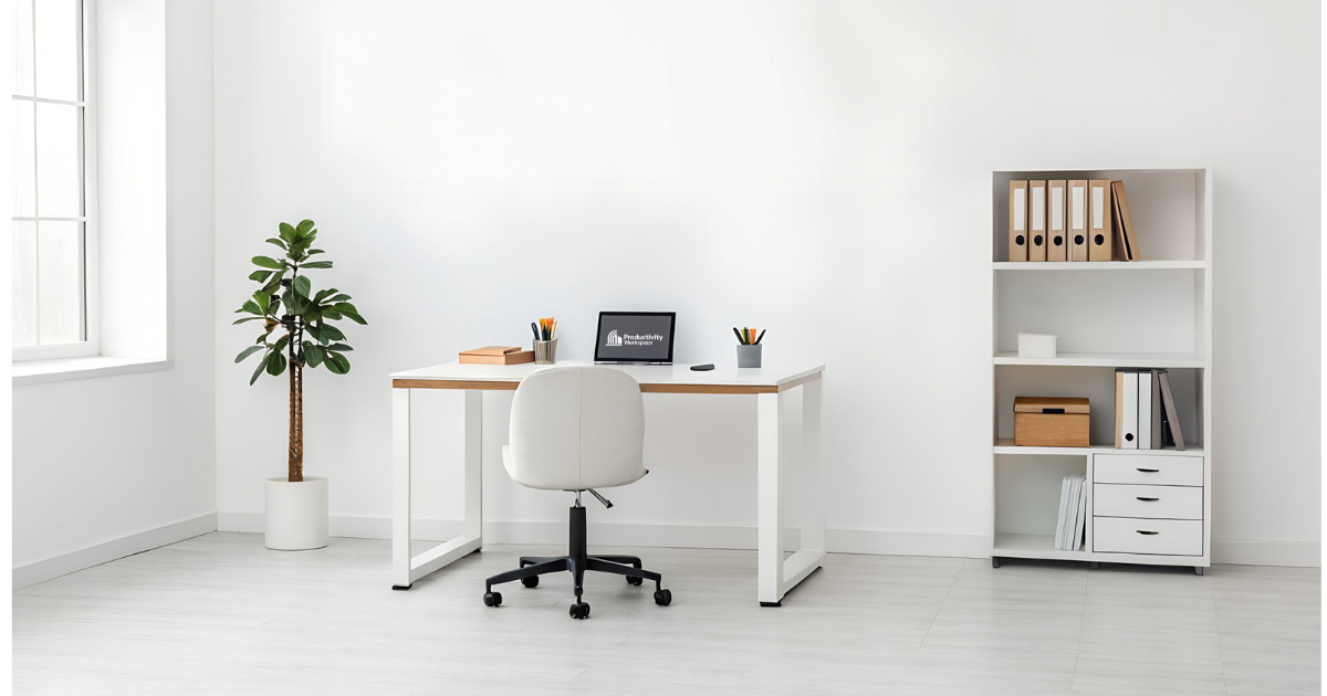 Minimal distraction-free desk setup with monitor, desk lamp, and notebook